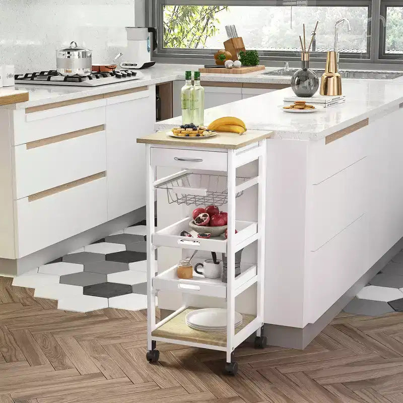 Desserte de cuisine mobile, îlot de cuisine roulant avec rangement, chariot de service à cadre en bois massif avec paniers à fruits en fil métallique, plateaux et tiroir