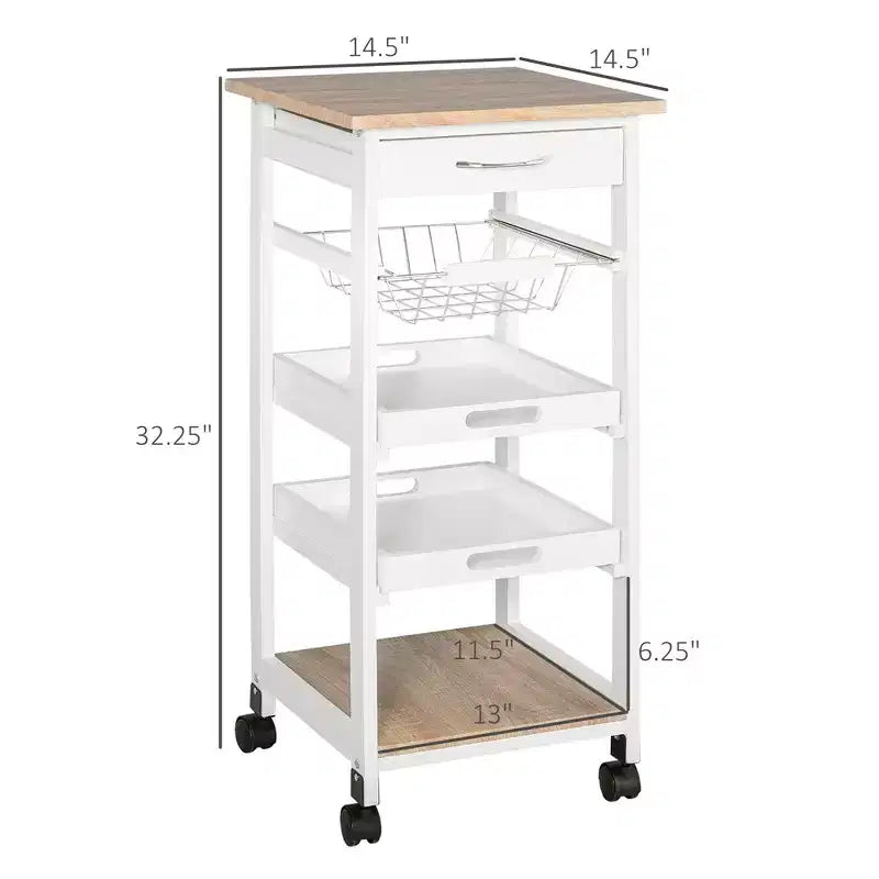 Desserte de cuisine mobile, îlot de cuisine roulant avec rangement, chariot de service à cadre en bois massif avec paniers à fruits en fil métallique, plateaux et tiroir