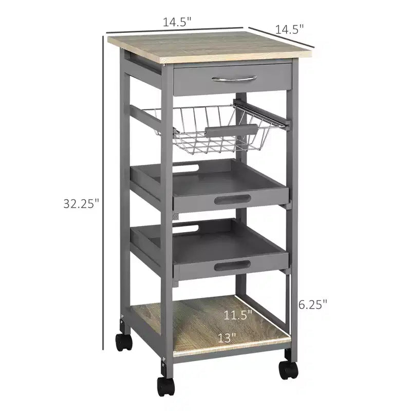 Desserte de cuisine mobile, îlot de cuisine roulant avec rangement, chariot de service à cadre en bois massif avec paniers à fruits en fil métallique, plateaux et tiroir