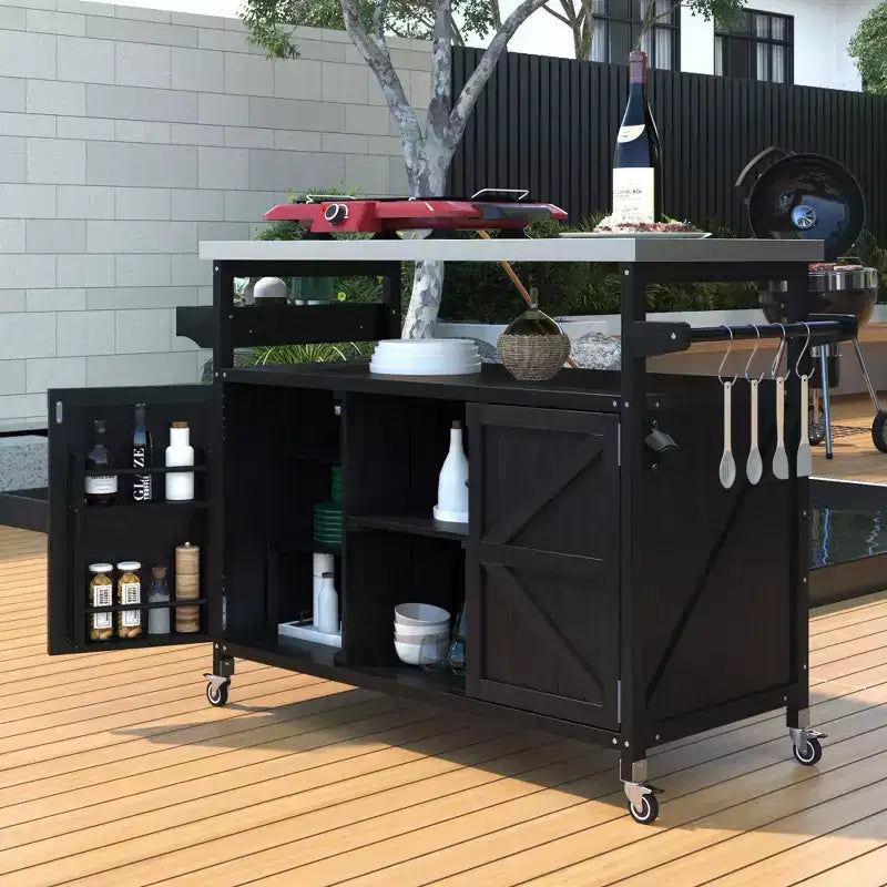 50.25 inch Black Outdoor Kitchen Island, Rolling Bar Cart Solid Wood Outdoor Grill Table with Stainless Steel Top