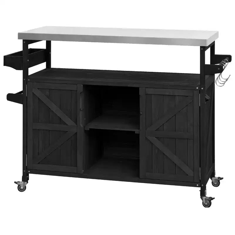 Îlot de cuisine extérieur noir de 50,25 pouces, Chariot de bar roulant en bois massif, Table de barbecue extérieure avec plateau en acier inoxydable