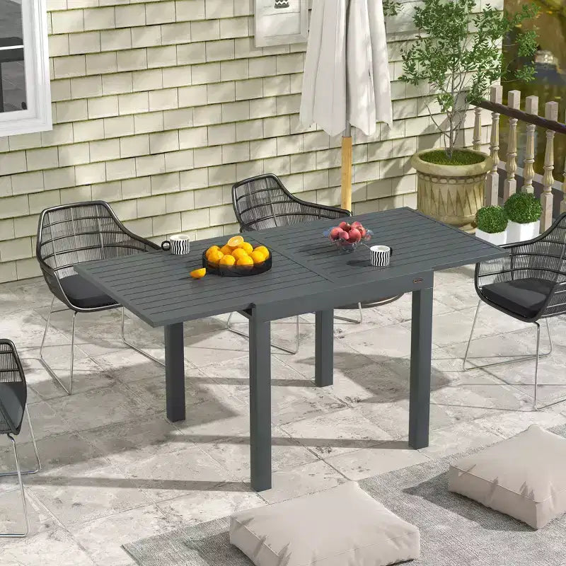Table de patio extensible, Table à manger extérieure pour 4 à 6 personnes avec cadre en aluminium pour jardin, pelouse, balcon, terrasse