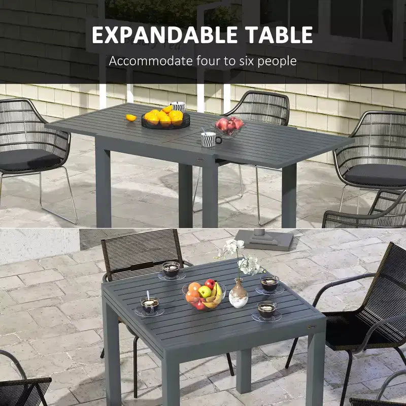 Table de patio extensible, Table à manger extérieure pour 4 à 6 personnes avec cadre en aluminium pour jardin, pelouse, balcon, terrasse
