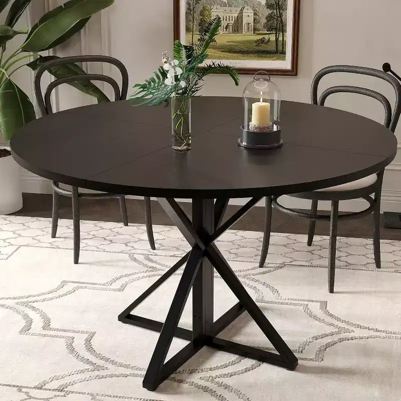 Table à manger ronde de 47 pouces - Table de cuisine en bois pour 4 personnes, Tables de salle à manger rondes de style ferme avec pied en métal, pour cuisine, salon