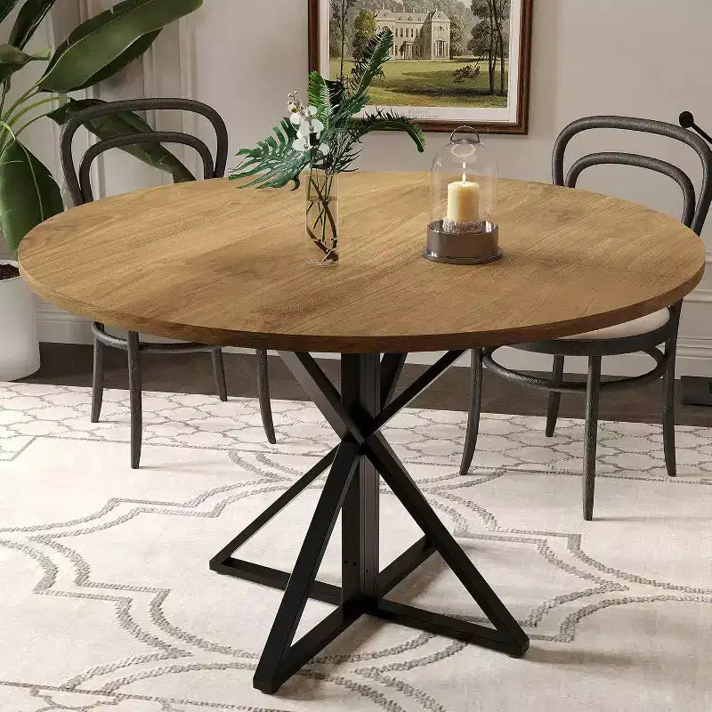 Table à manger ronde de 47 pouces - Table de cuisine en bois pour 4 personnes, Tables de salle à manger rondes de style ferme avec pied en métal, pour cuisine, salon