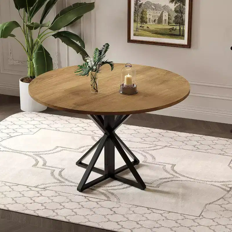 Table à manger ronde de 47 pouces - Table de cuisine en bois pour 4 personnes, Tables de salle à manger rondes de style ferme avec pied en métal, pour cuisine, salon
