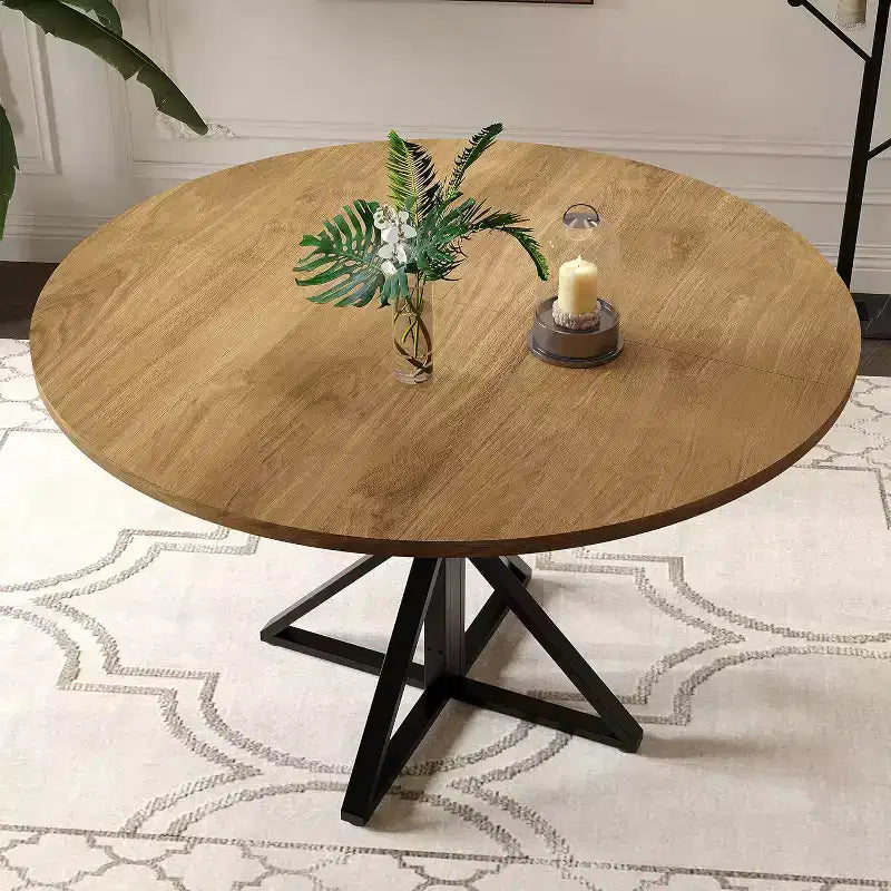 Table à manger ronde de 47 pouces - Table de cuisine en bois pour 4 personnes, Tables de salle à manger rondes de style ferme avec pied en métal, pour cuisine, salon