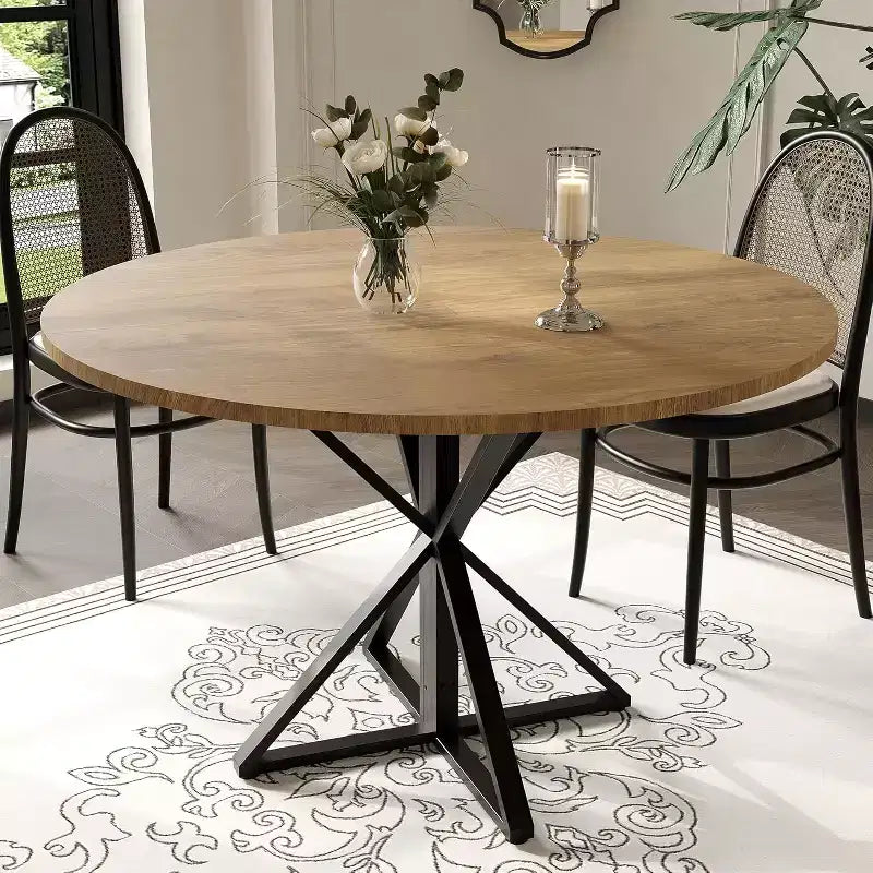 Table à manger ronde de 47 pouces - Table de cuisine en bois pour 4 personnes, Tables de salle à manger rondes de style ferme avec pied en métal, pour cuisine, salon