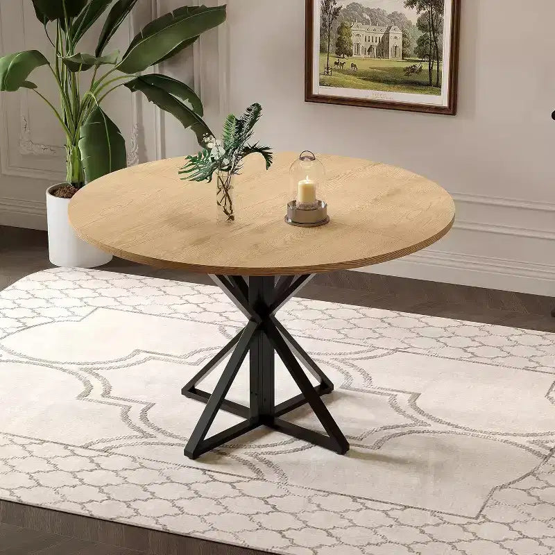 Table à manger ronde de 47 pouces - Table de cuisine en bois pour 4 personnes, Tables de salle à manger rondes de style ferme avec pied en métal, pour cuisine, salon