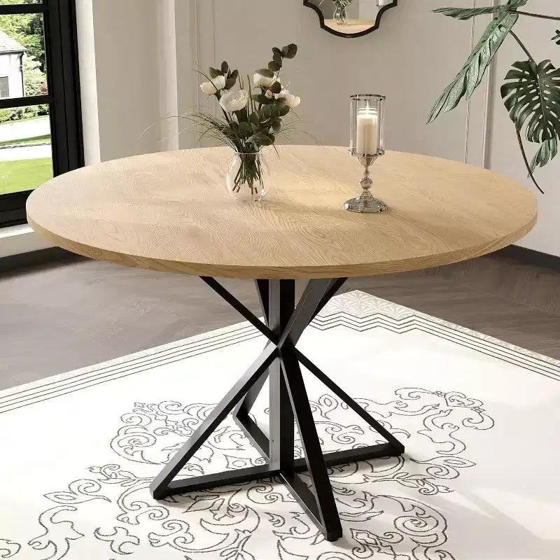 Table à manger ronde de 47 pouces - Table de cuisine en bois pour 4 personnes, Tables de salle à manger rondes de style ferme avec pied en métal, pour cuisine, salon