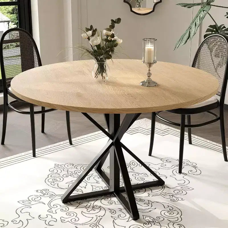 47 inch Round Dining Table - Wooden Kitchen Table for 4, Farmhouse Circle Dinner Tables with Metal Pedestal, or Kitchen, Living Room