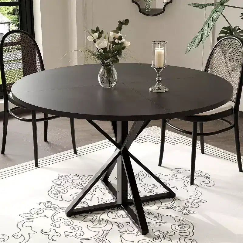 Table à manger ronde de 47 pouces - Table de cuisine en bois pour 4 personnes, Tables de salle à manger rondes de style ferme avec pied en métal, pour cuisine, salon