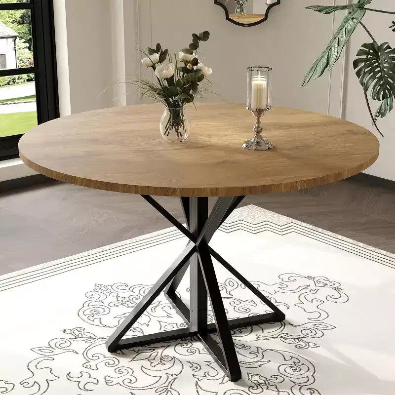 Table à manger ronde de 47 pouces - Table de cuisine en bois pour 4 personnes, Tables de salle à manger rondes de style ferme avec pied en métal, pour cuisine, salon