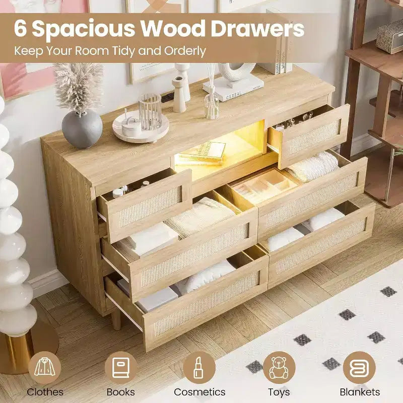 Commode en rotin à 6 tiroirs avec éclairage RGB et ports de chargement, meuble de rangement bohème pour chambre ou salon