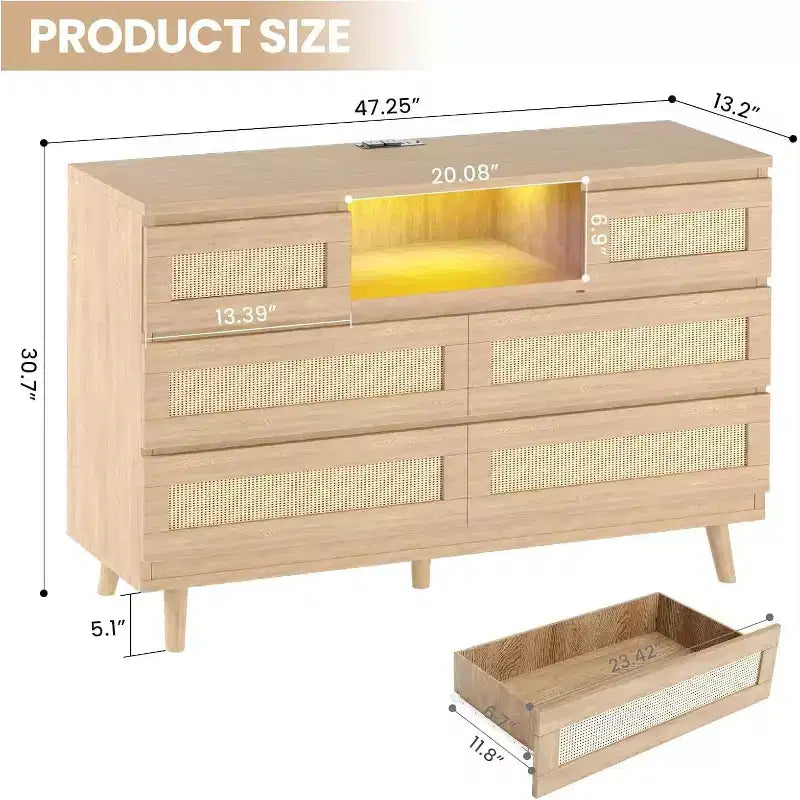 Commode en rotin à 6 tiroirs avec éclairage RGB et ports de chargement, meuble de rangement bohème pour chambre ou salon