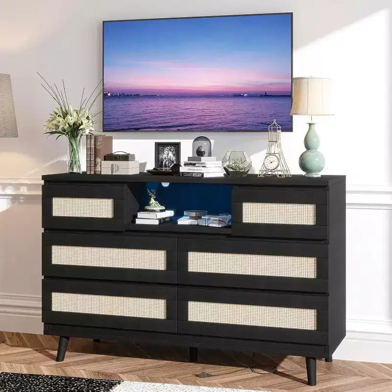 Acekool Rattan 6 Drawer Dresser with RGB Lighting and Charging Ports, Boho Storage Cabinet for Bedroom or Living Room