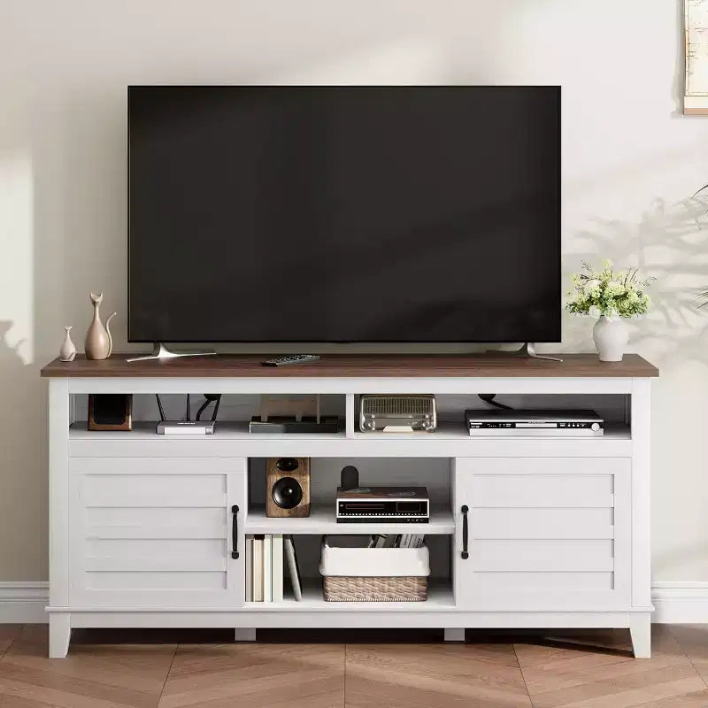 Meuble TV moderne de 65 pouces, meuble de divertissement semi-ouvert à double porte avec 8 compartiments de rangement et étagères pour salon