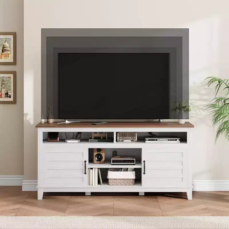 Meuble TV moderne de 65 pouces, meuble de divertissement semi-ouvert à double porte avec 8 compartiments de rangement et étagères pour salon