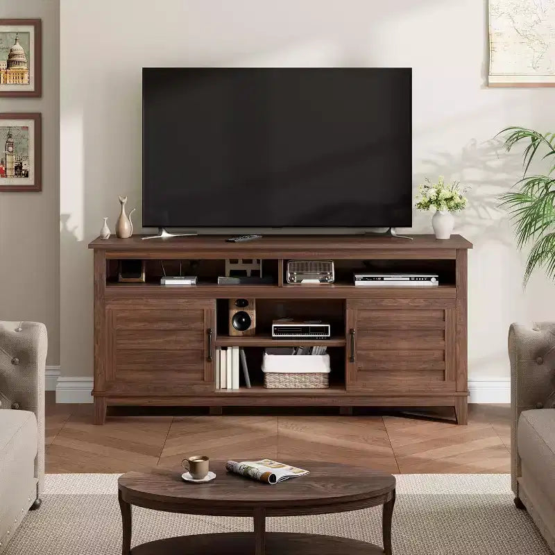 Meuble TV moderne de 65 pouces, meuble de divertissement semi-ouvert à double porte avec 8 compartiments de rangement et étagères pour salon