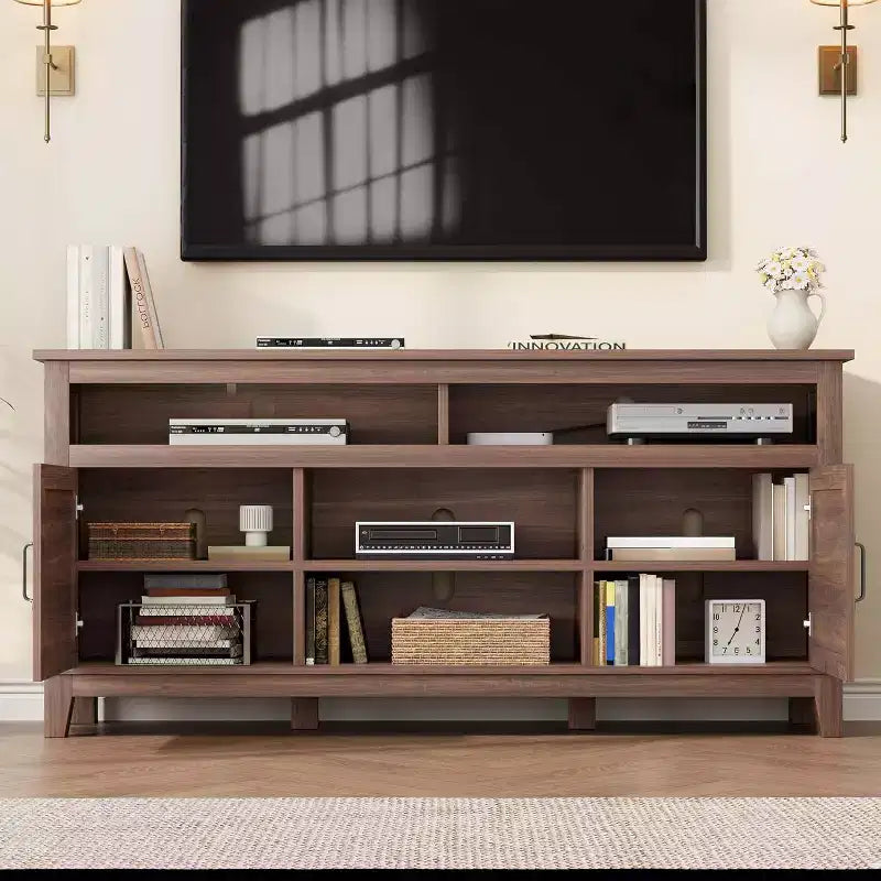 Meuble TV moderne de 65 pouces, meuble de divertissement semi-ouvert à double porte avec 8 compartiments de rangement et étagères pour salon