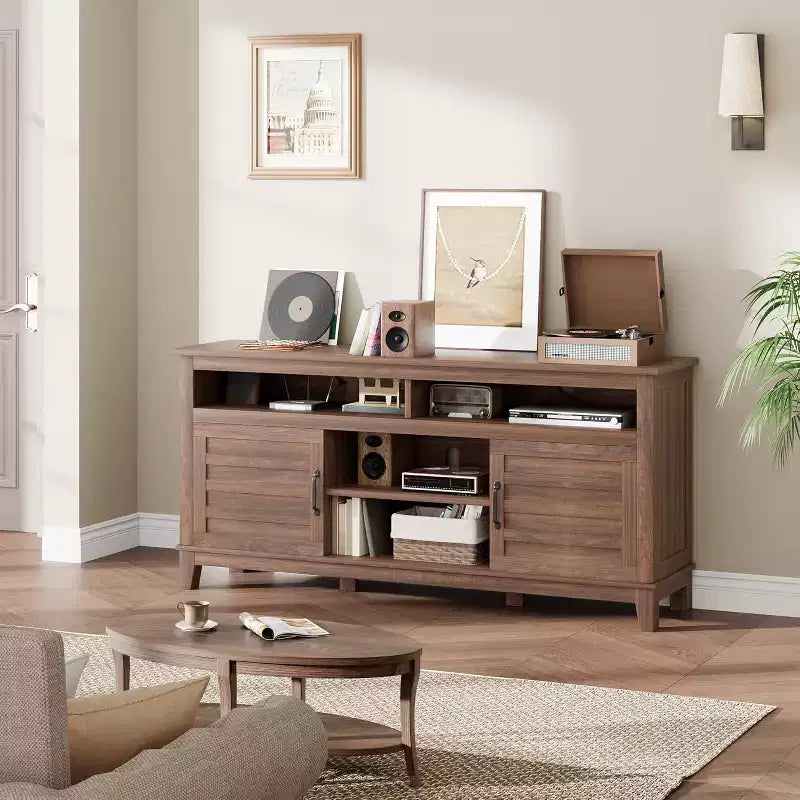 Meuble TV moderne de 65 pouces, meuble de divertissement semi-ouvert à double porte avec 8 compartiments de rangement et étagères pour salon
