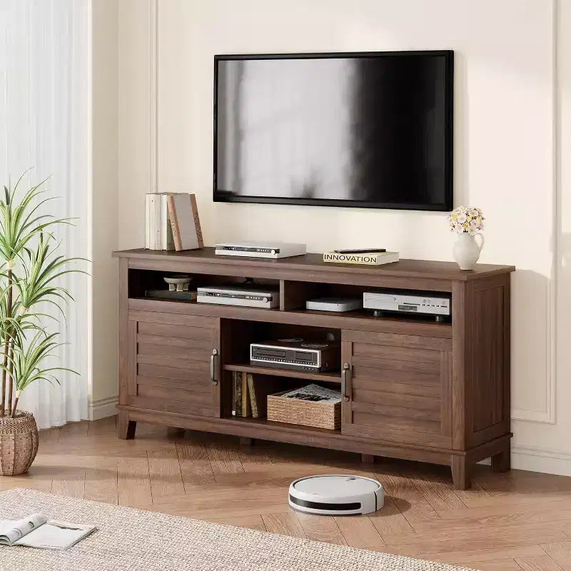 65 Inch Modern TV Stand, Semi-Open Double Door Entertainment Center with 8 Storage Compartments and Shelves for Living Room