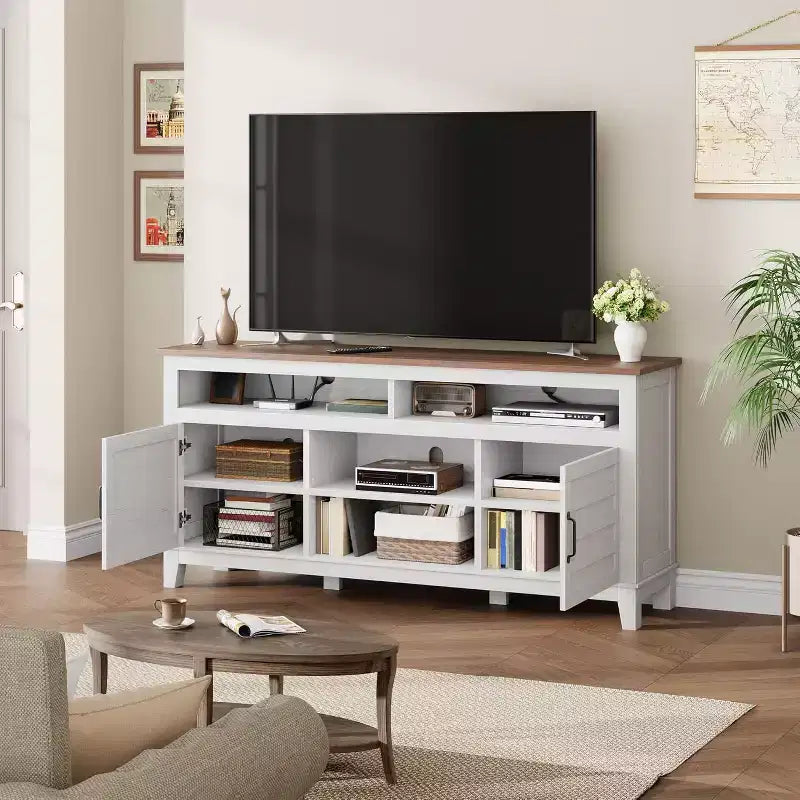 Meuble TV moderne de 65 pouces, meuble de divertissement semi-ouvert à double porte avec 8 compartiments de rangement et étagères pour salon