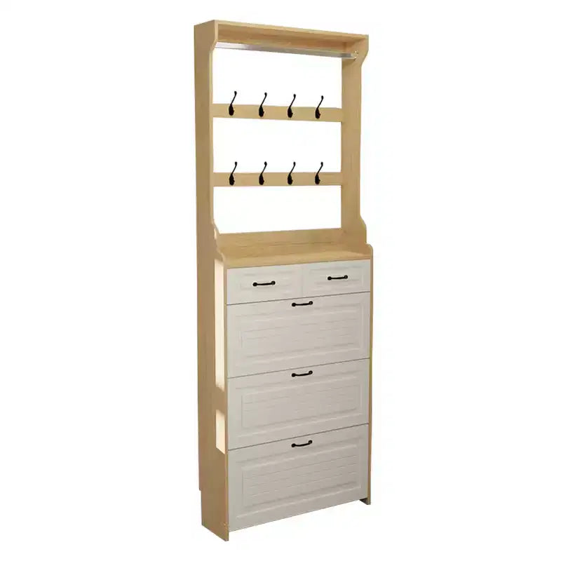 Meuble à chaussures pour entrée, Meuble à chaussures étroit avec 3 portes basculantes, 2 tiroirs et porte-manteau, Organisateur de chaussures autonome pour la maison