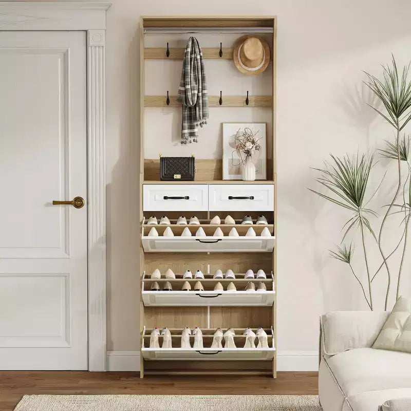 Meuble à chaussures pour entrée, Meuble à chaussures étroit avec 3 portes basculantes, 2 tiroirs et porte-manteau, Organisateur de chaussures autonome pour la maison