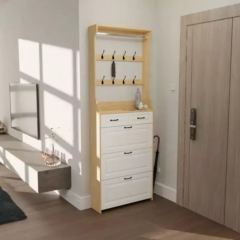 Meuble à chaussures pour entrée, Meuble à chaussures étroit avec 3 portes basculantes, 2 tiroirs et porte-manteau, Organisateur de chaussures autonome pour la maison
