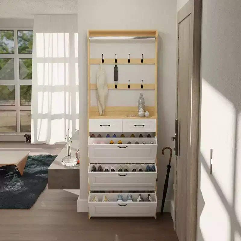 Meuble à chaussures pour entrée, Meuble à chaussures étroit avec 3 portes basculantes, 2 tiroirs et porte-manteau, Organisateur de chaussures autonome pour la maison