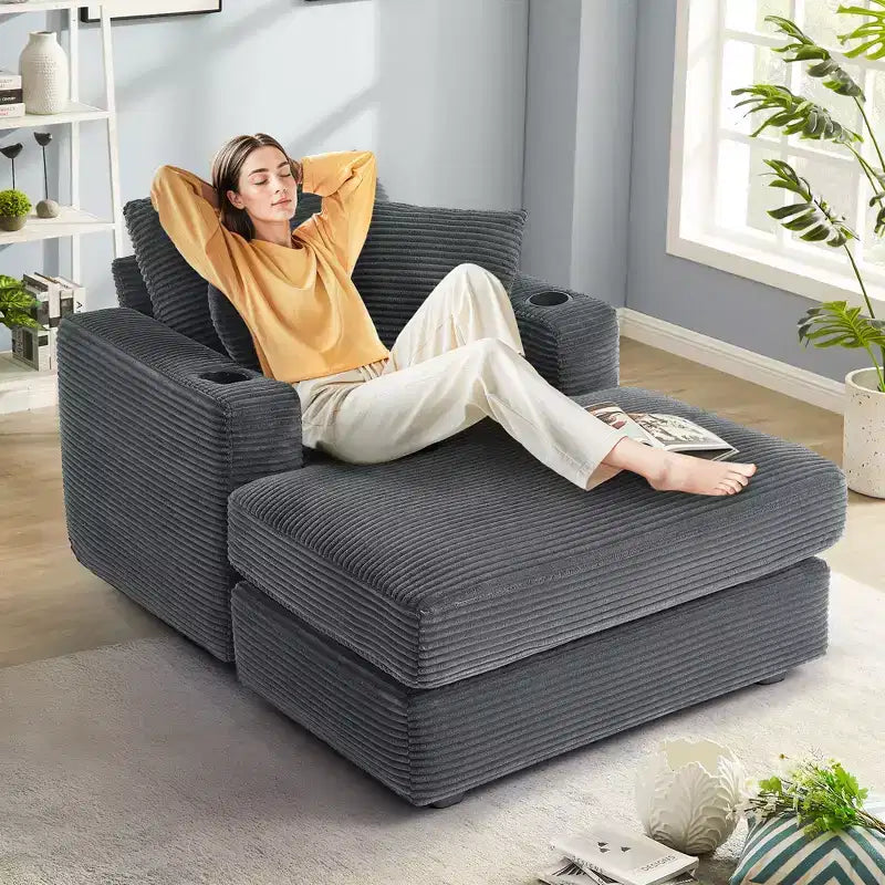 Canapé inclinable en velours côtelé avec pouf Fauteuil d'appoint moderne pour salon ou chambre à coucher
