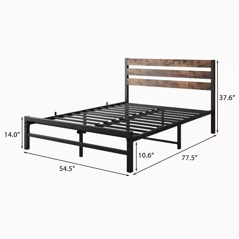 Cadre de lit plateforme en métal moderne avec tête de lit en bois et rangement sous le lit