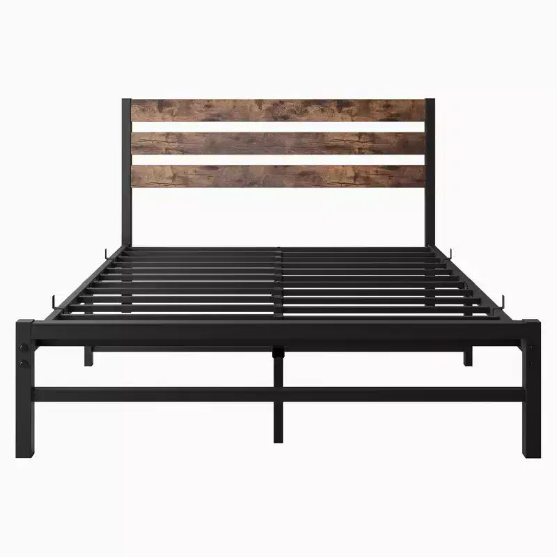 Cadre de lit plateforme en métal moderne avec tête de lit en bois et rangement sous le lit