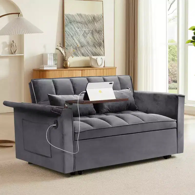 MAYEERTY 55.5 3-in-1 Foldable Sofa Bed, Modern Velvet Double Sofa with Adjustable Back Storage Bag and Pillow Hidden Living Room Laptop Desk Black