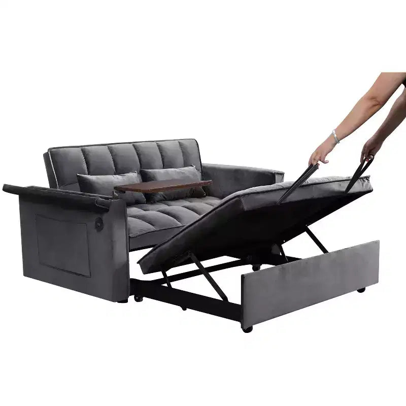 Canapé convertible 3 en 1, canapé double moderne en velours avec dossier réglable, sac de rangement et oreiller, bureau d'ordinateur portable noir dissimulé pour salon