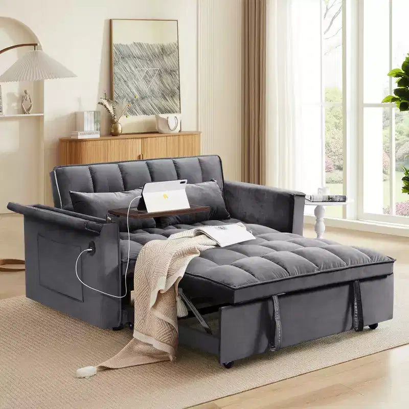 Canapé convertible 3 en 1, canapé double moderne en velours avec dossier réglable, sac de rangement et oreiller, bureau d'ordinateur portable noir dissimulé pour salon
