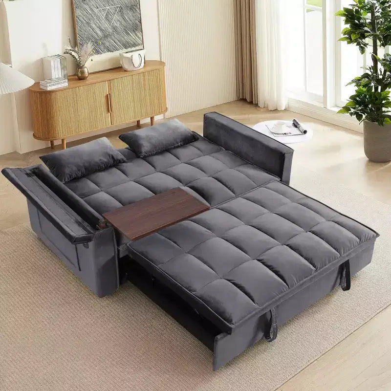 Canapé convertible 3 en 1, canapé double moderne en velours avec dossier réglable, sac de rangement et oreiller, bureau d'ordinateur portable noir dissimulé pour salon