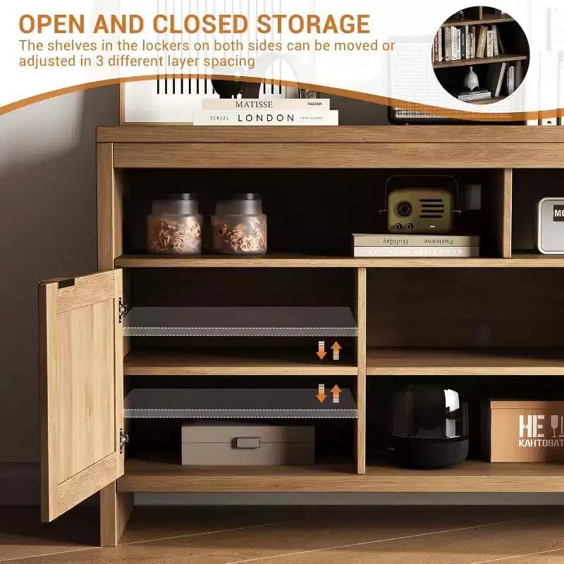 Meuble TV bohème de 58 pouces pour téléviseurs de 65 pouces, meuble de divertissement en rotin et bois avec étagères réglables, meuble de rangement avec portes pour salon