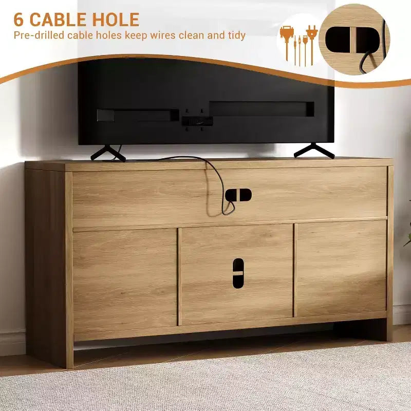 Meuble TV bohème de 58 pouces pour téléviseurs de 65 pouces, meuble de divertissement en rotin et bois avec étagères réglables, meuble de rangement avec portes pour salon