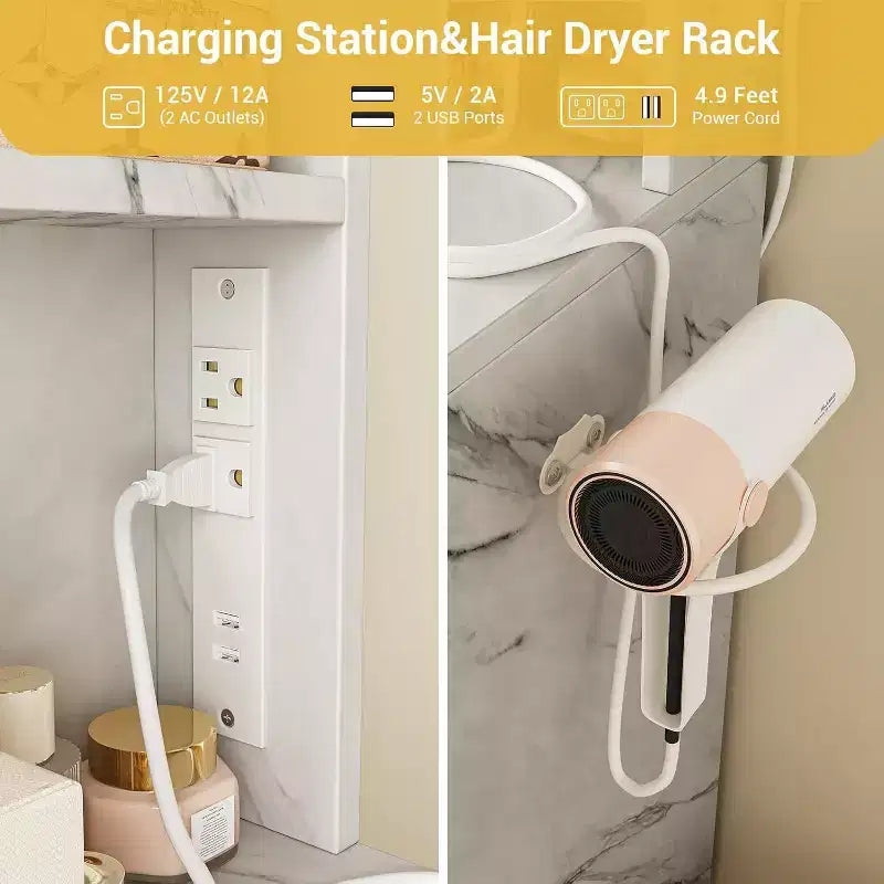 Coiffeuse Miroir Coulissant avec Miroir à Trois Modes, Station de Charge, Tiroirs et Tabouret pour Chambre à Coucher