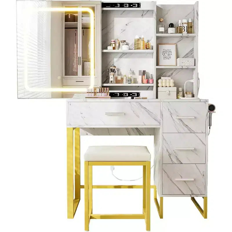 Coiffeuse Miroir Coulissant avec Miroir à Trois Modes, Station de Charge, Tiroirs et Tabouret pour Chambre à Coucher