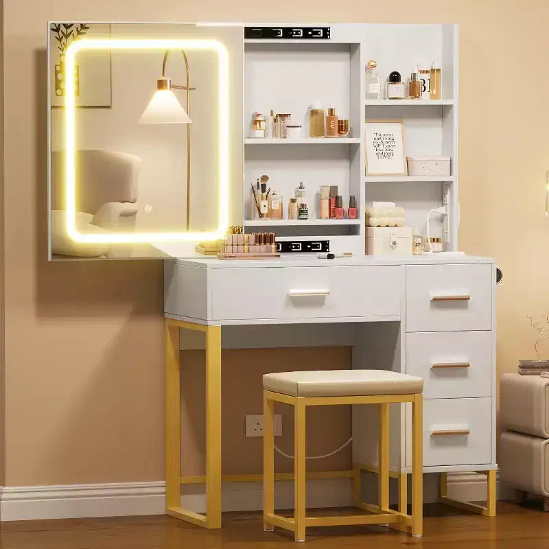 Coiffeuse Miroir Coulissant avec Miroir à Trois Modes, Station de Charge, Tiroirs et Tabouret pour Chambre à Coucher