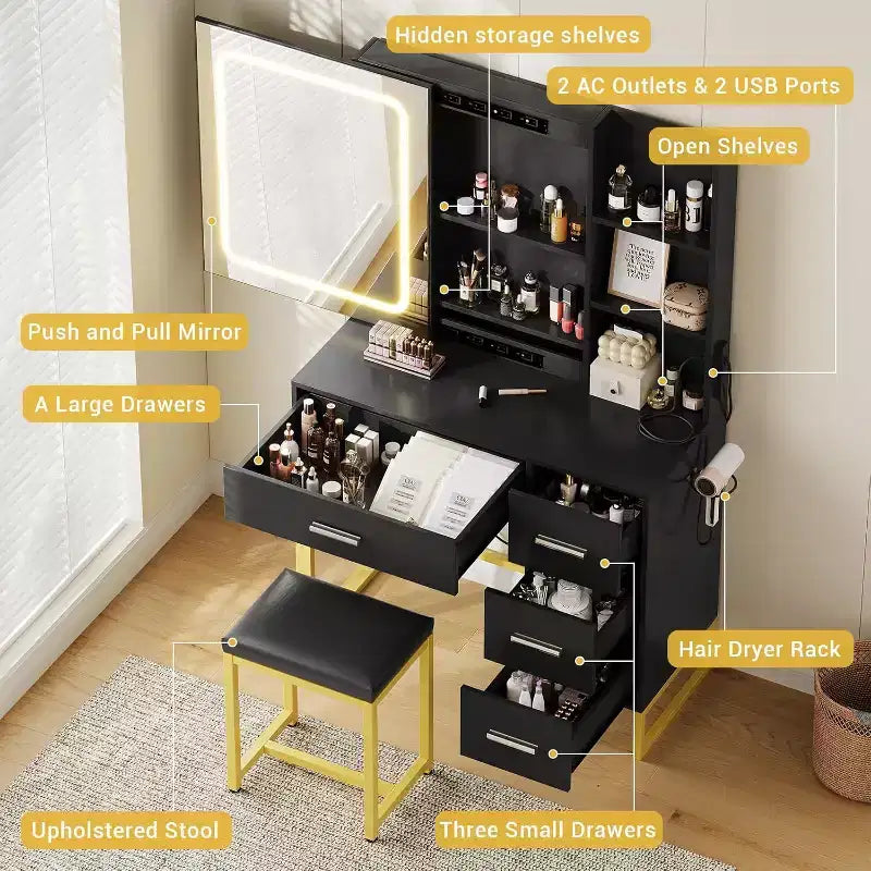 Coiffeuse Miroir Coulissant avec Miroir à Trois Modes, Station de Charge, Tiroirs et Tabouret pour Chambre à Coucher