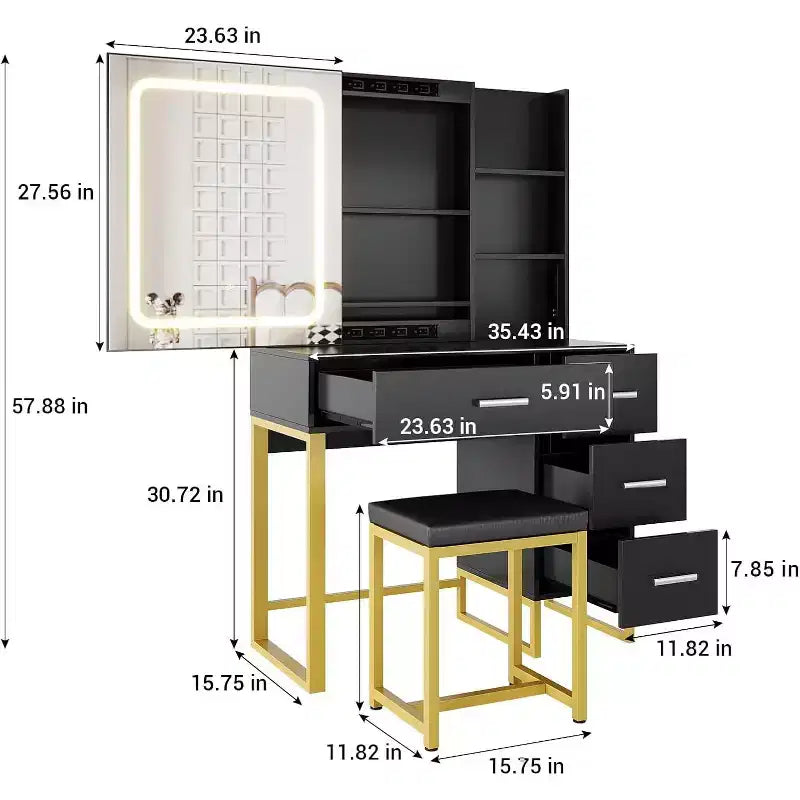 Coiffeuse Miroir Coulissant avec Miroir à Trois Modes, Station de Charge, Tiroirs et Tabouret pour Chambre à Coucher