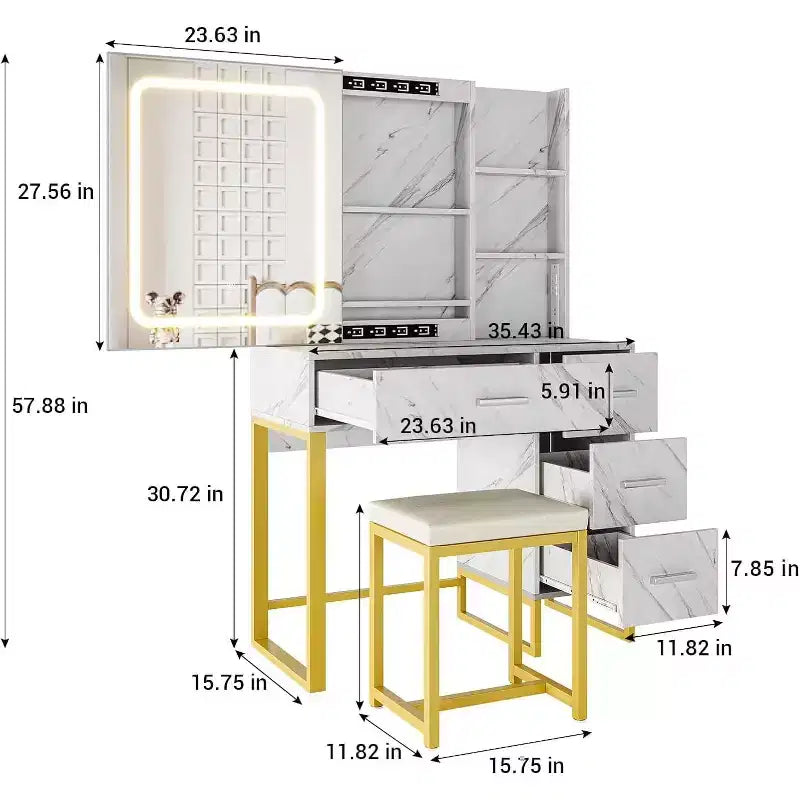 Coiffeuse Miroir Coulissant avec Miroir à Trois Modes, Station de Charge, Tiroirs et Tabouret pour Chambre à Coucher