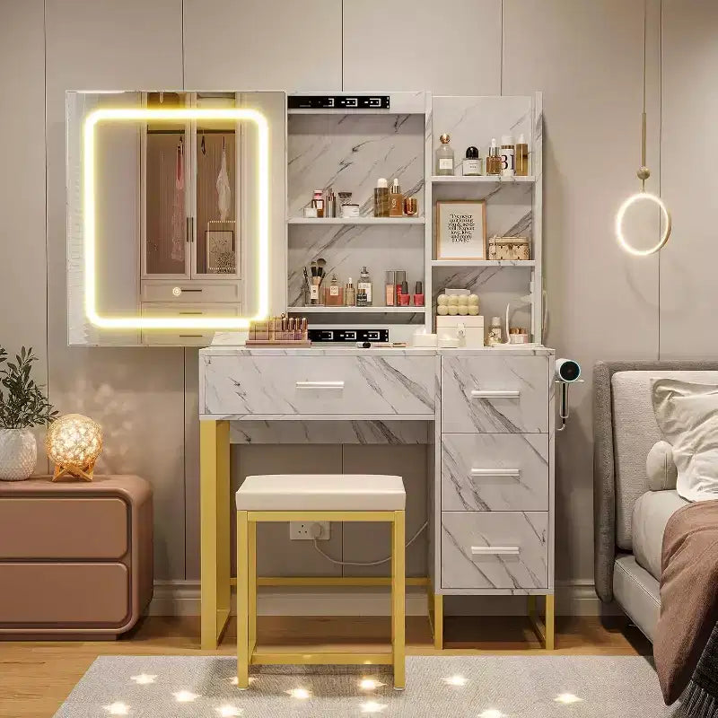 Coiffeuse Miroir Coulissant avec Miroir à Trois Modes, Station de Charge, Tiroirs et Tabouret pour Chambre à Coucher