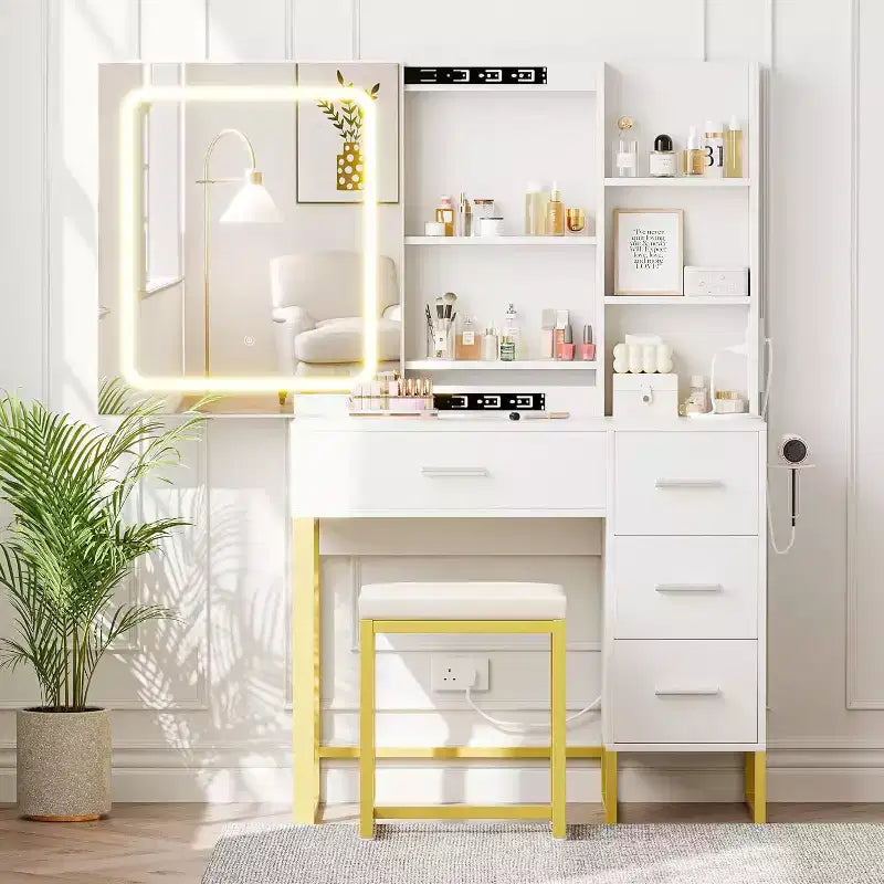 Coiffeuse Miroir Coulissant avec Miroir à Trois Modes, Station de Charge, Tiroirs et Tabouret pour Chambre à Coucher