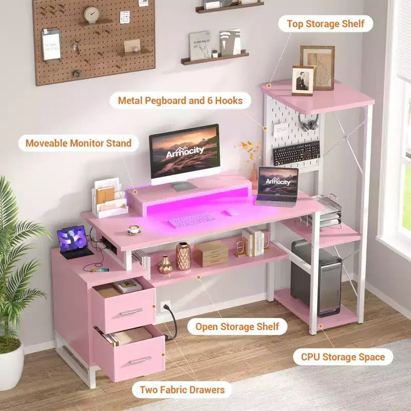 Bureau informatique avec prises de courant et tiroirs en tissu