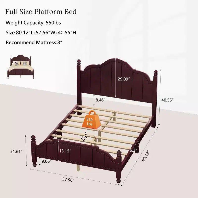 Lits plateforme vintage complets/Queen avec tête de lit et lattes de support, cadre de lit en bois massif pour chambre principale, pas besoin de sommier tapissier